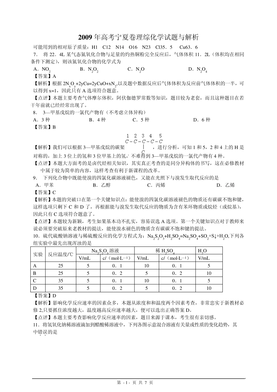 09年宁夏高考化学试题及解析_第1页