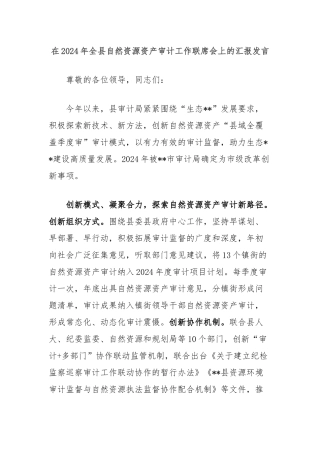 在2024年全县自然资源资产审计工作联席会上的汇报发言