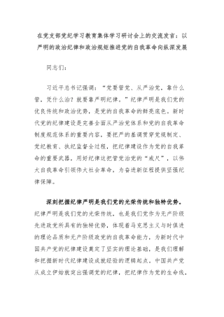 在党支部党纪学习教育集体学习研讨会上的交流发言：以严明的政治纪律和政治规矩推进党的自我革命向纵深发展