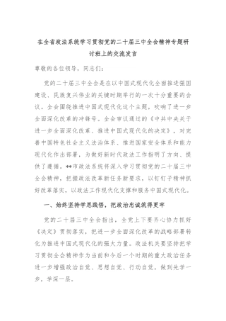 在全省政法系统学习贯彻党的二十届三中全会精神专题研讨班上的交流发言