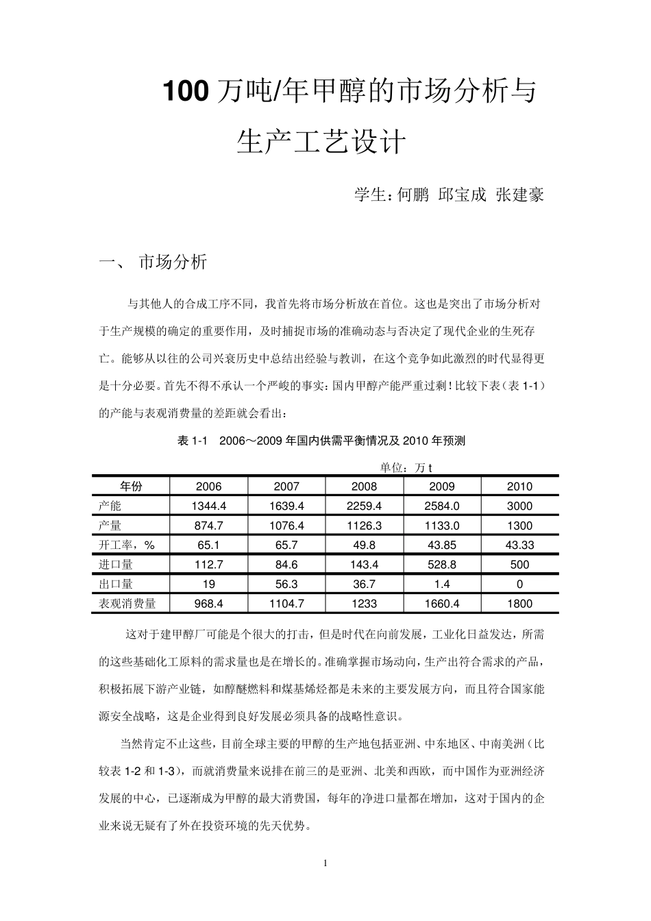 100万吨甲醇生产工艺设计_第1页