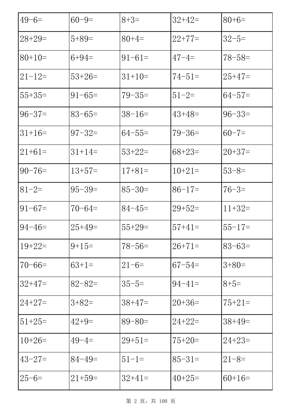 100以内加减法口算题表格打印版(8000道)_第2页