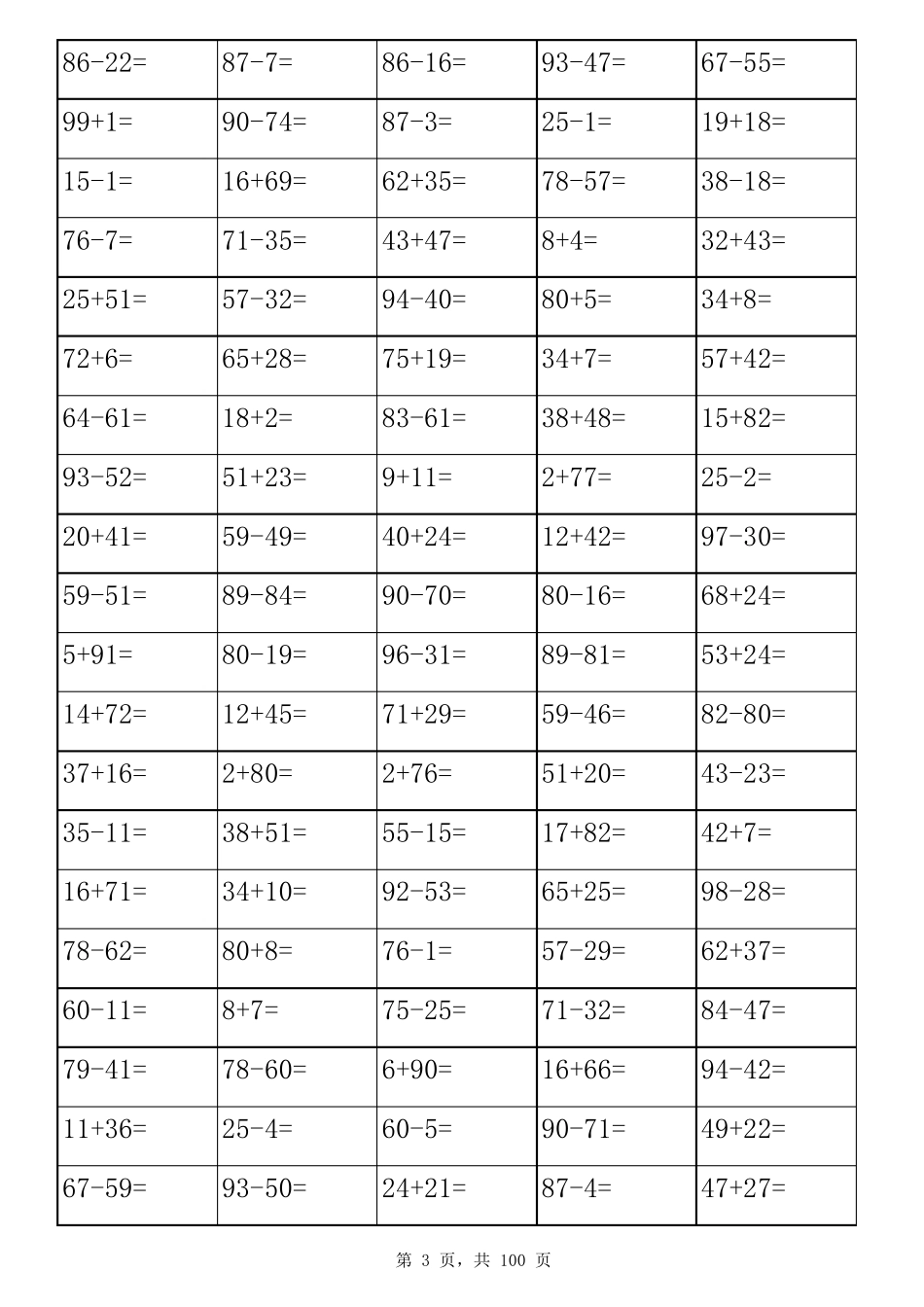 100以内加减法口算题表格打印版(8000道)_第3页
