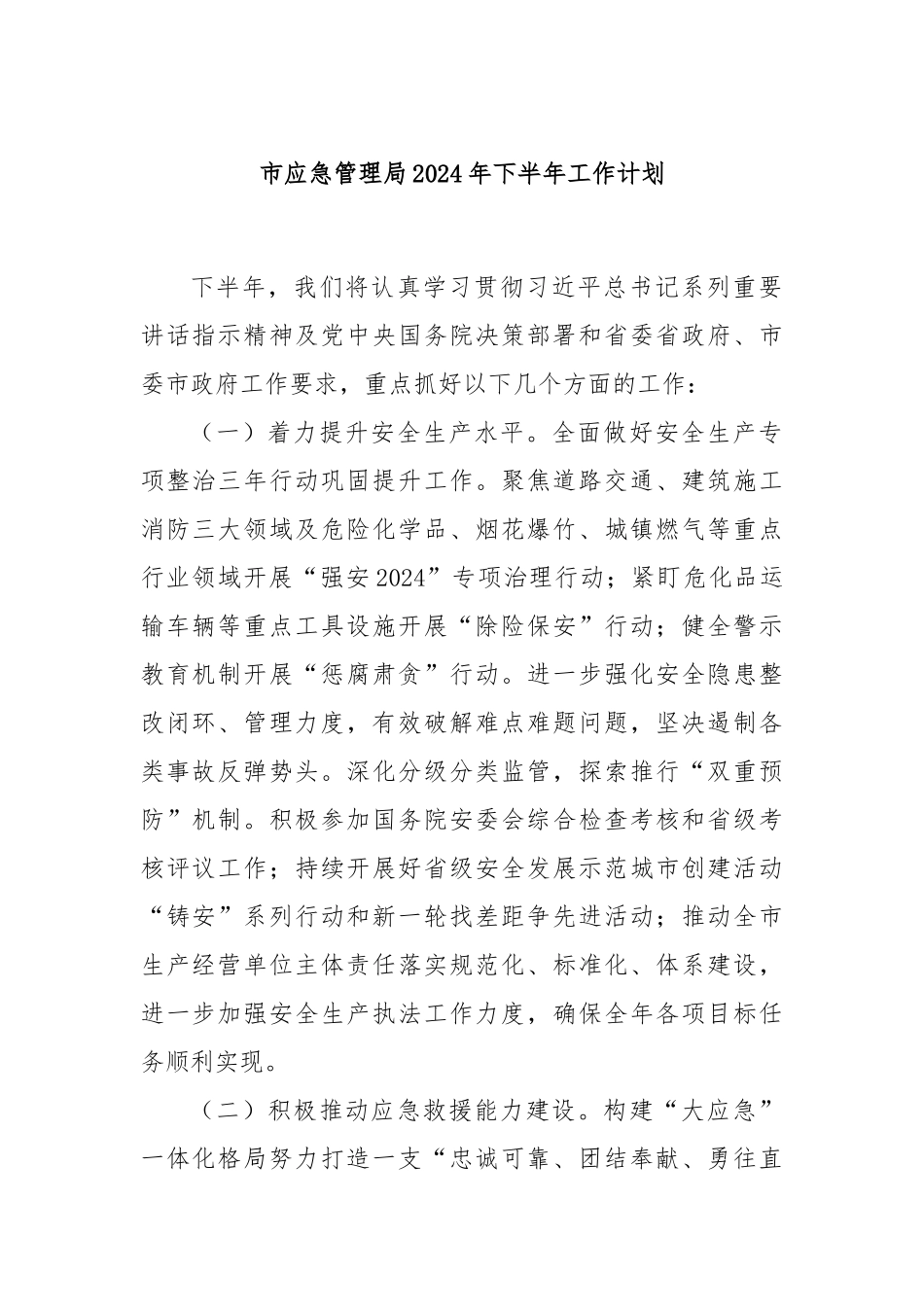 市应急管理局2024年下半年工作计划_第1页