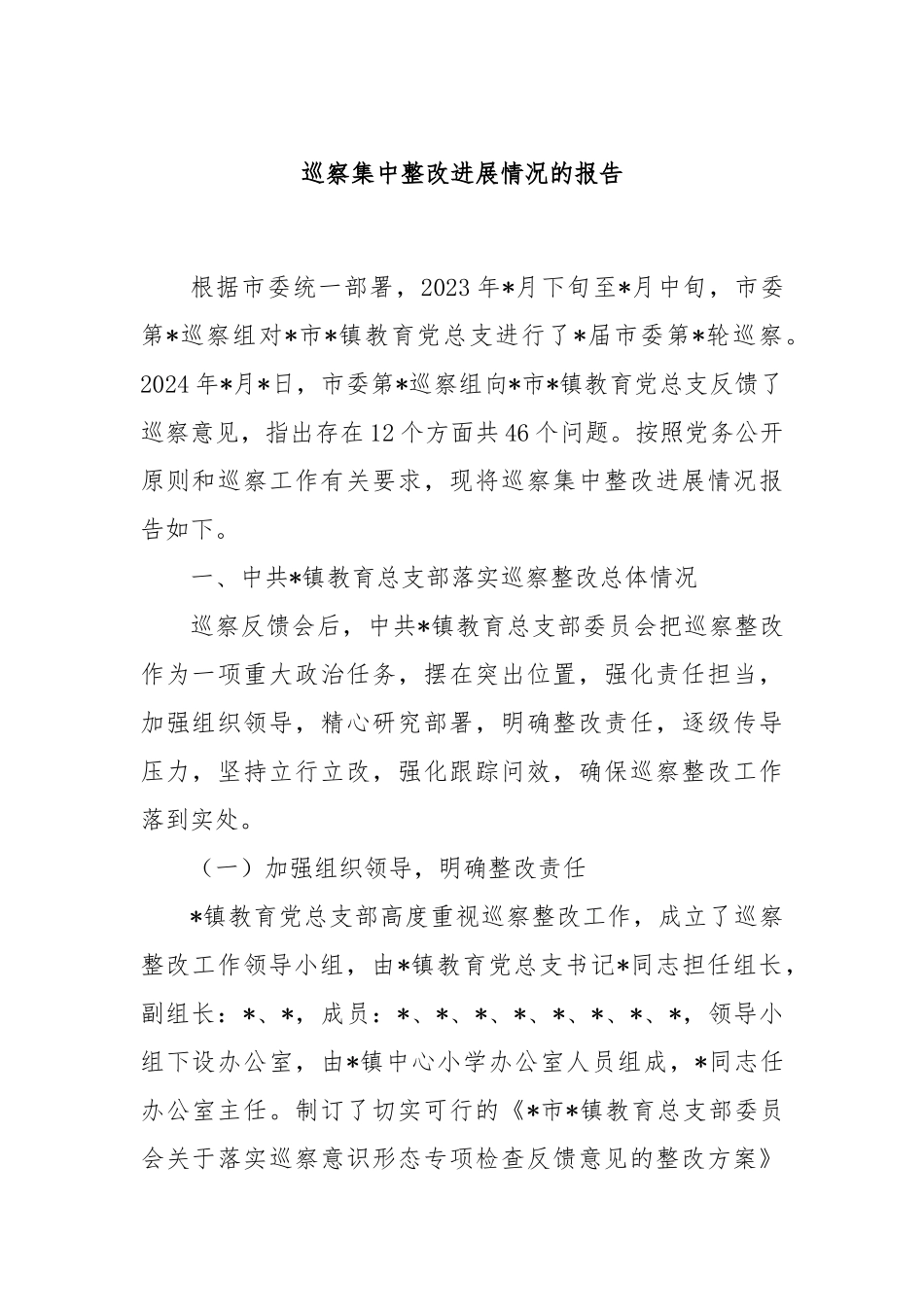 巡察集中整改进展情况的报告_第1页