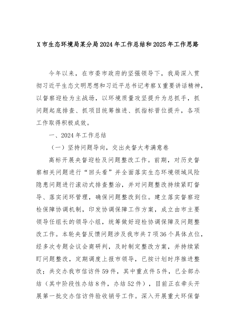 X市生态环境局某分局2024年工作总结和2025年工作思路_第1页