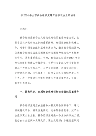 在2024年全市社会组织党建工作推进会上的讲话