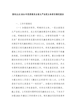 国有企业2024年党委落实全面从严治党主体责任情况报告