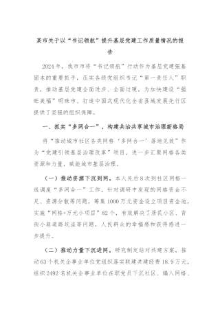 某市关于以“书记领航”提升基层党建工作质量情况的报告