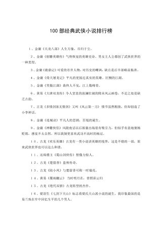100部经典武侠小说排行榜