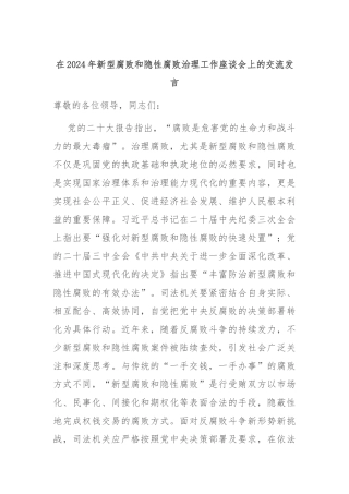 在2024年新型腐败和隐性腐败治理工作座谈会上的交流发言