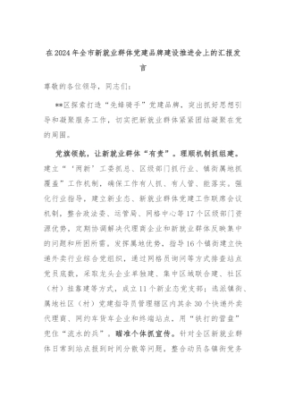 在2024年全市新就业群体党建品牌建设推进会上的汇报发言