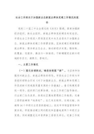 社会工作部关于加强新业态新就业群体党建工作情况的报告