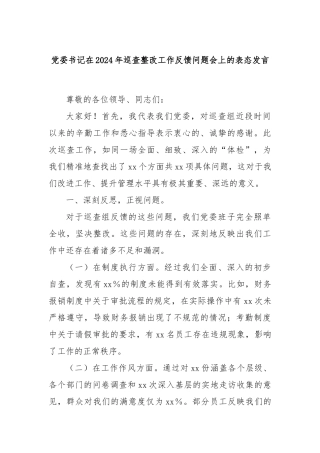 党委书记在2024年巡查整改工作反馈问题会上的表态发言
