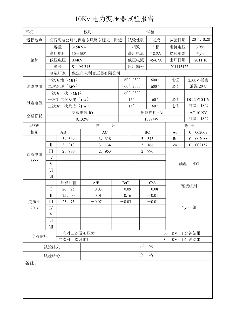 10Kv电力变压器试验报告_第1页