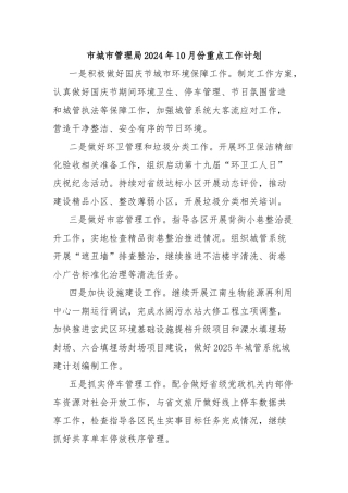 市城市管理局2024年10月份重点工作计划