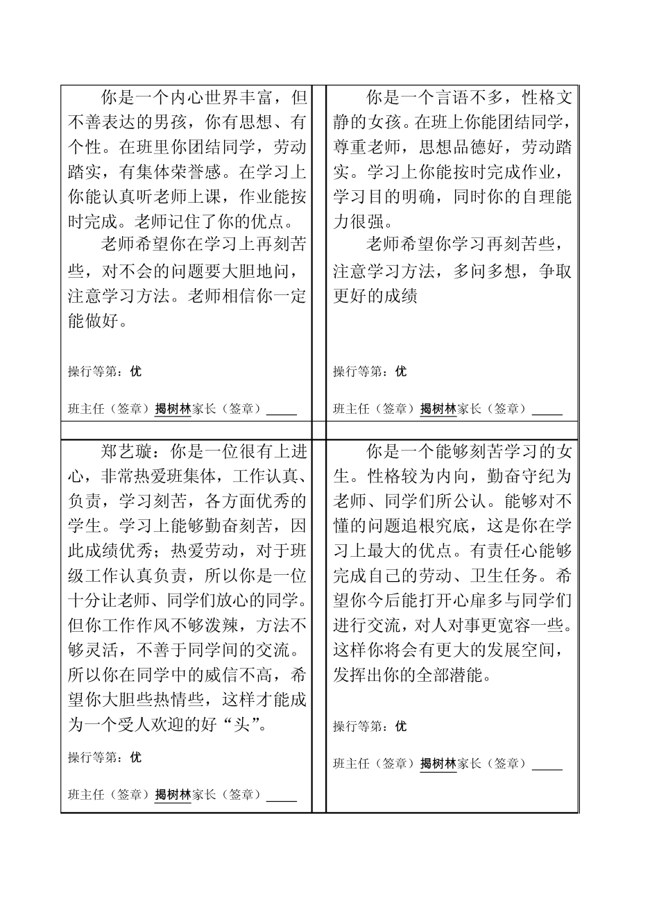 10——11学年上学期学生操行评语(六年级)_第2页