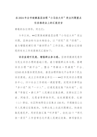 在2024年全市破解基层治理“小马拉大车”突出问题重点任务推进会上的汇报发言