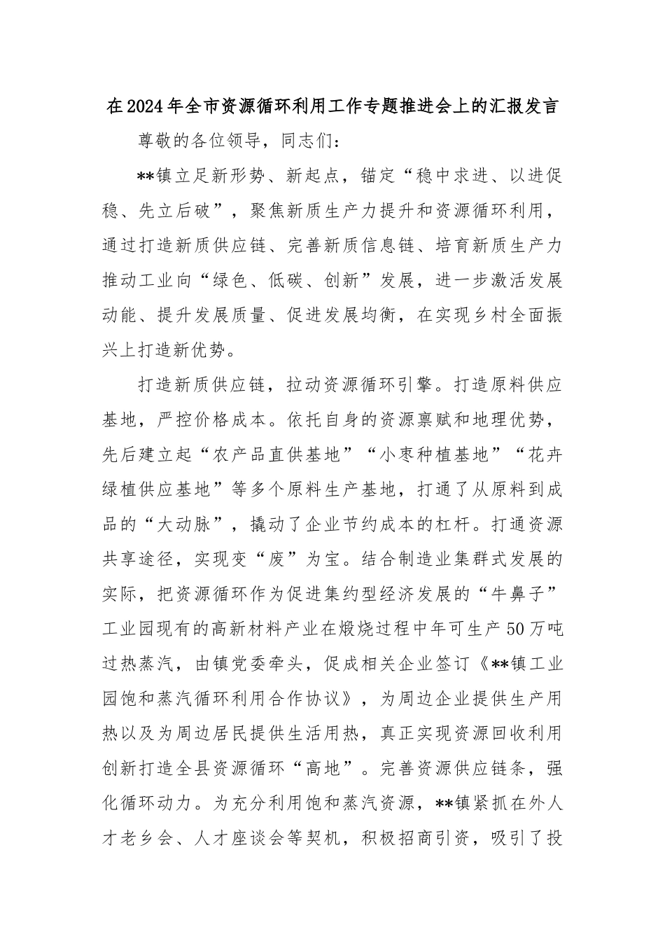 在2024年全市资源循环利用工作专题推进会上的汇报发言_第1页