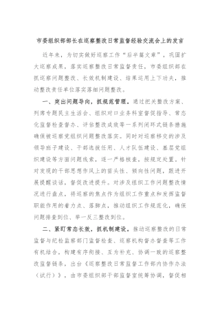 市委组织部部长在巡察整改日常监督经验交流会上的发言