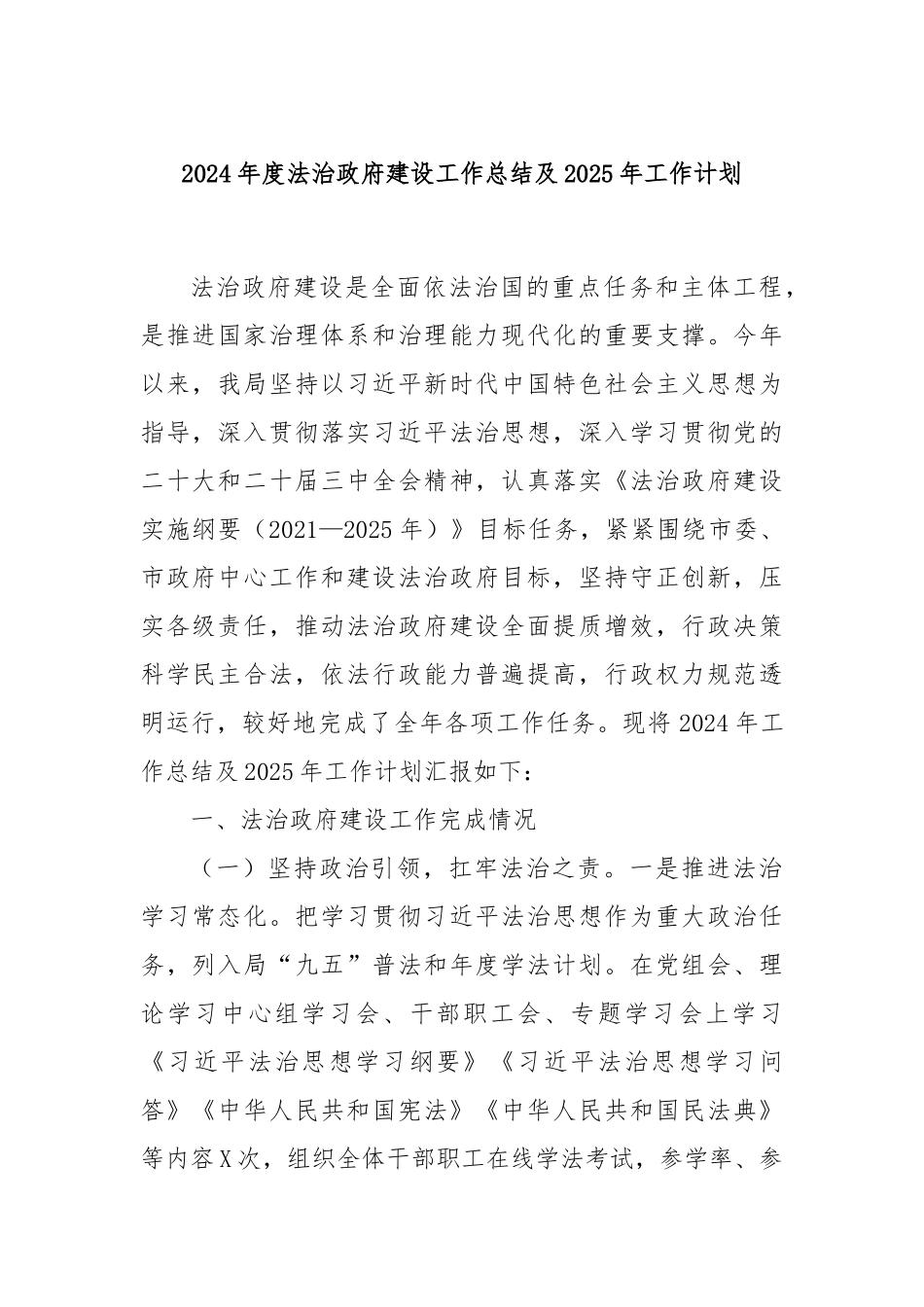 2024年度法治政府建设工作总结及2025年工作计划_第1页