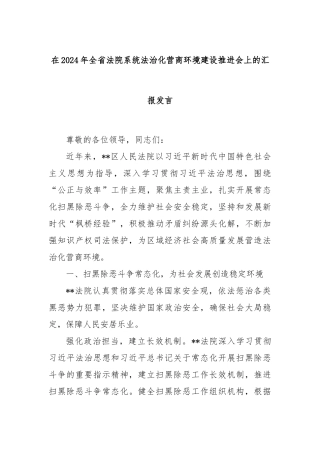 在2024年全省法院系统法治化营商环境建设推进会上的汇报发言