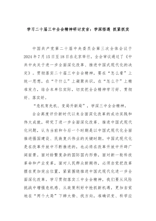 学习二十届三中全会精神研讨发言：学深悟透 抓紧抓实