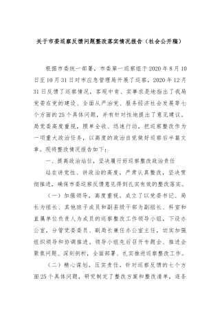 关于市委巡察反馈问题整改落实情况报告（社会公开稿）