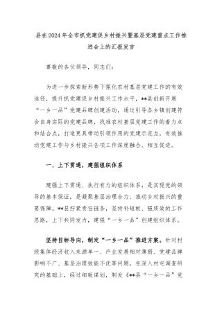县在2024年全市抓党建促乡村振兴暨基层党建重点工作推进会上的汇报发言