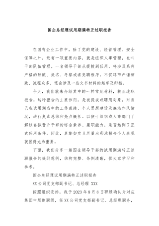 国企总经理试用期满转正述职报告