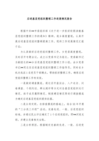 后进基层党组织整顿工作进展情况报告