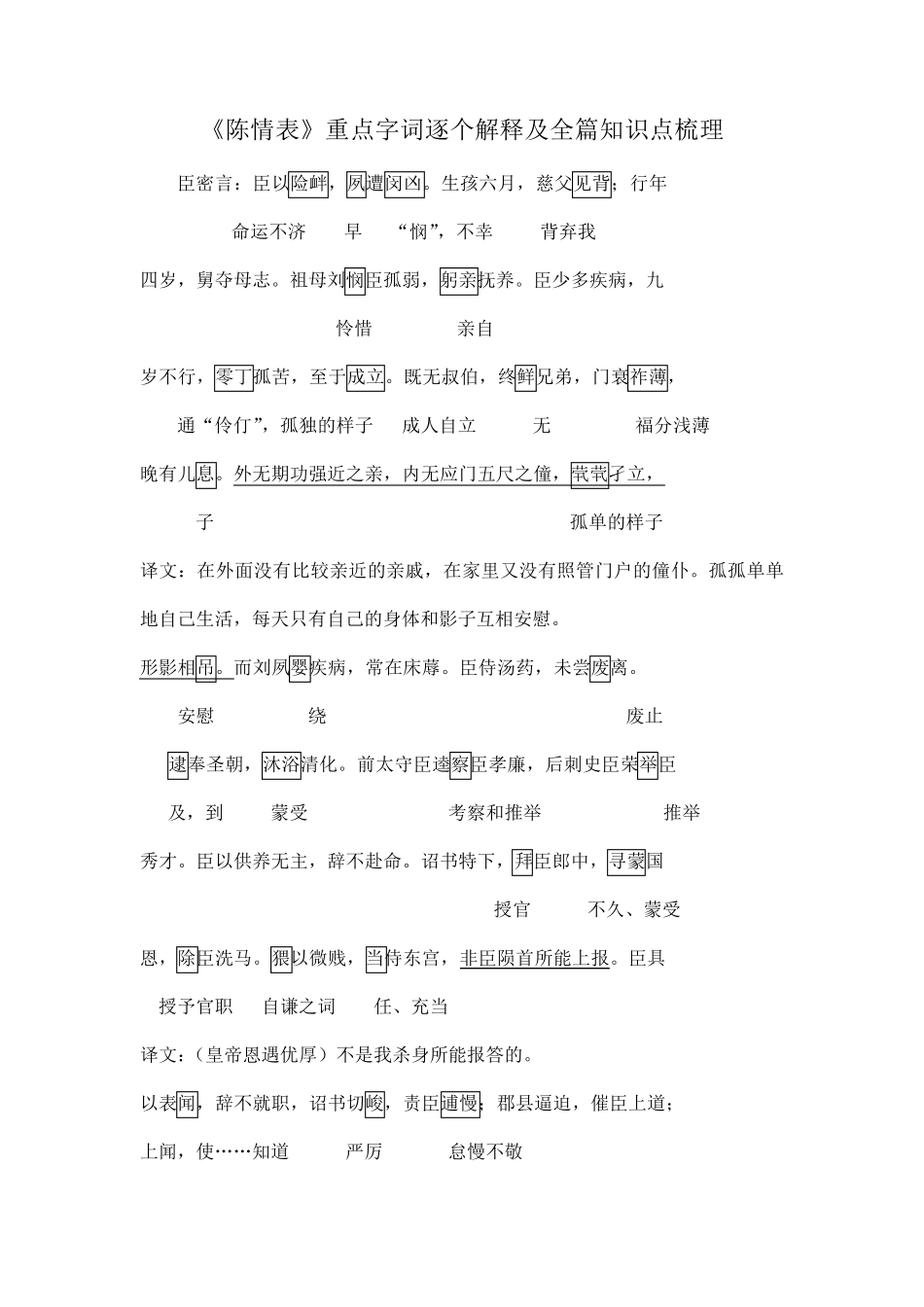 14《陈情表》重点字词逐个解释及全篇知识点梳理_第1页