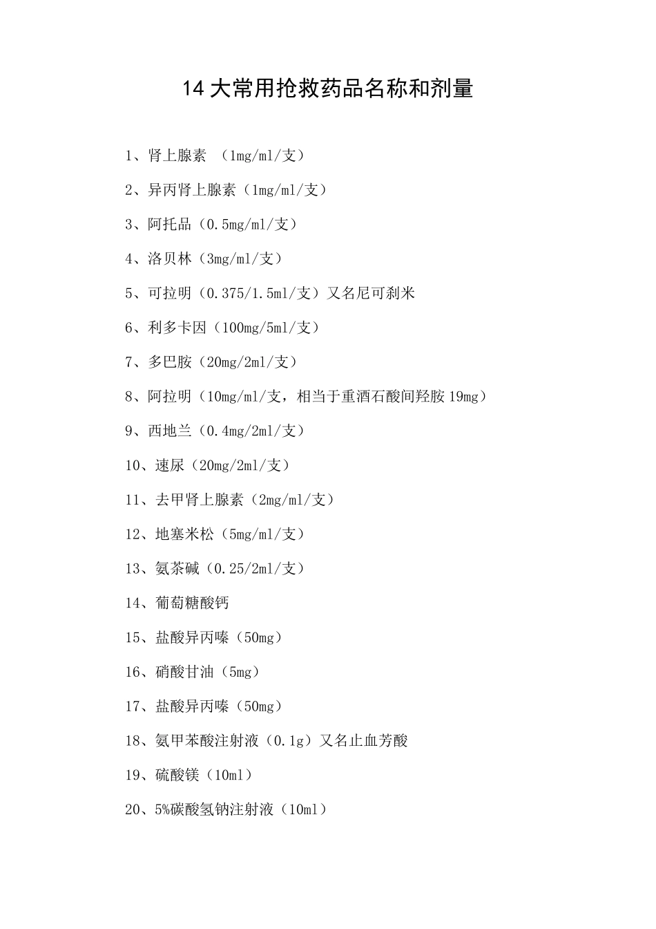 14大常用抢救药品名称和剂量_第1页
