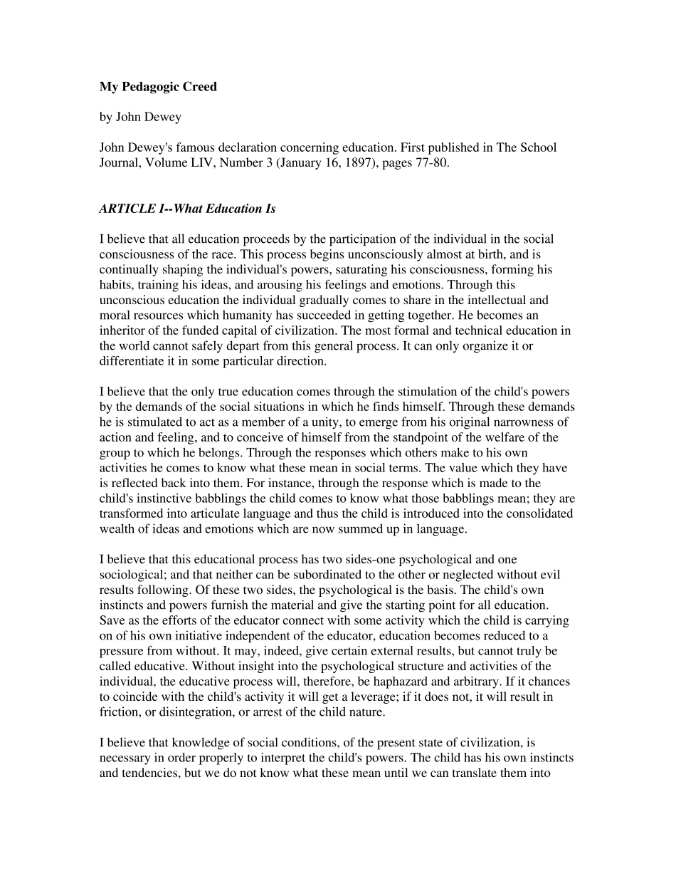 MyPedagogicCreed我的教育信条_第1页