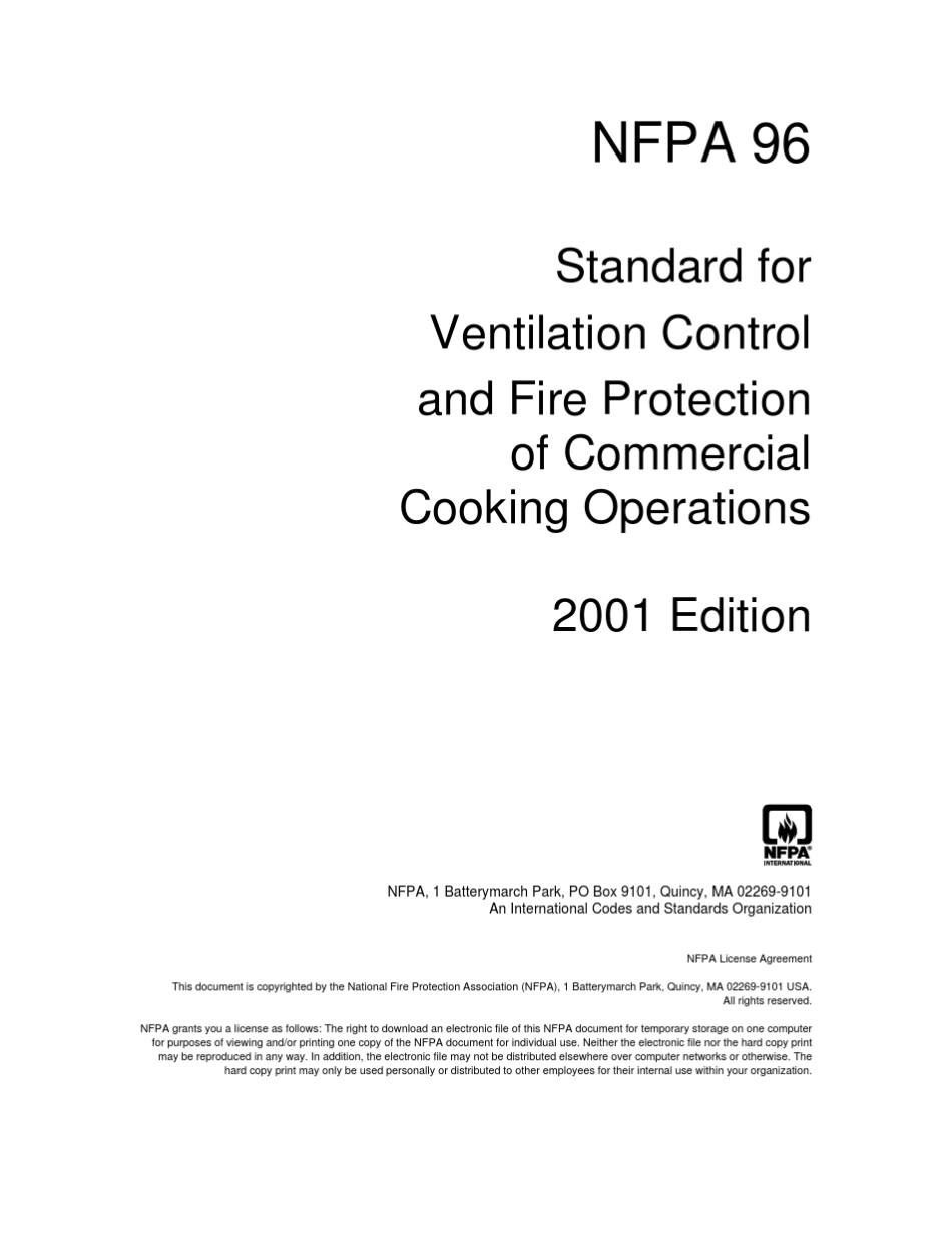 NFPA962001用于商业烹饪的通风调节标准_第1页