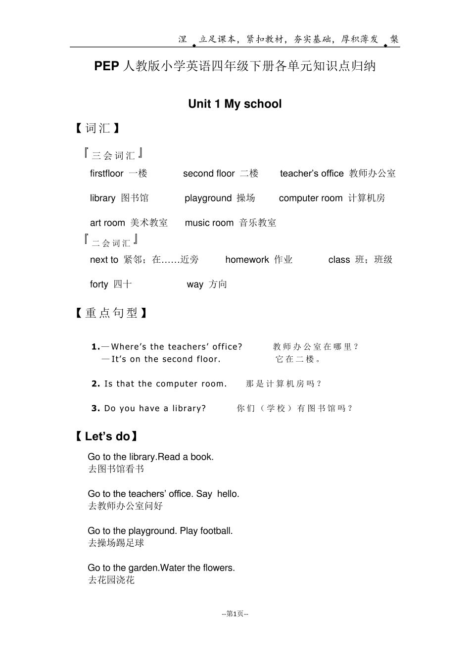 PEP人教版小学英语四年级下册各单元知识点归纳(2020最新最全版)_第1页