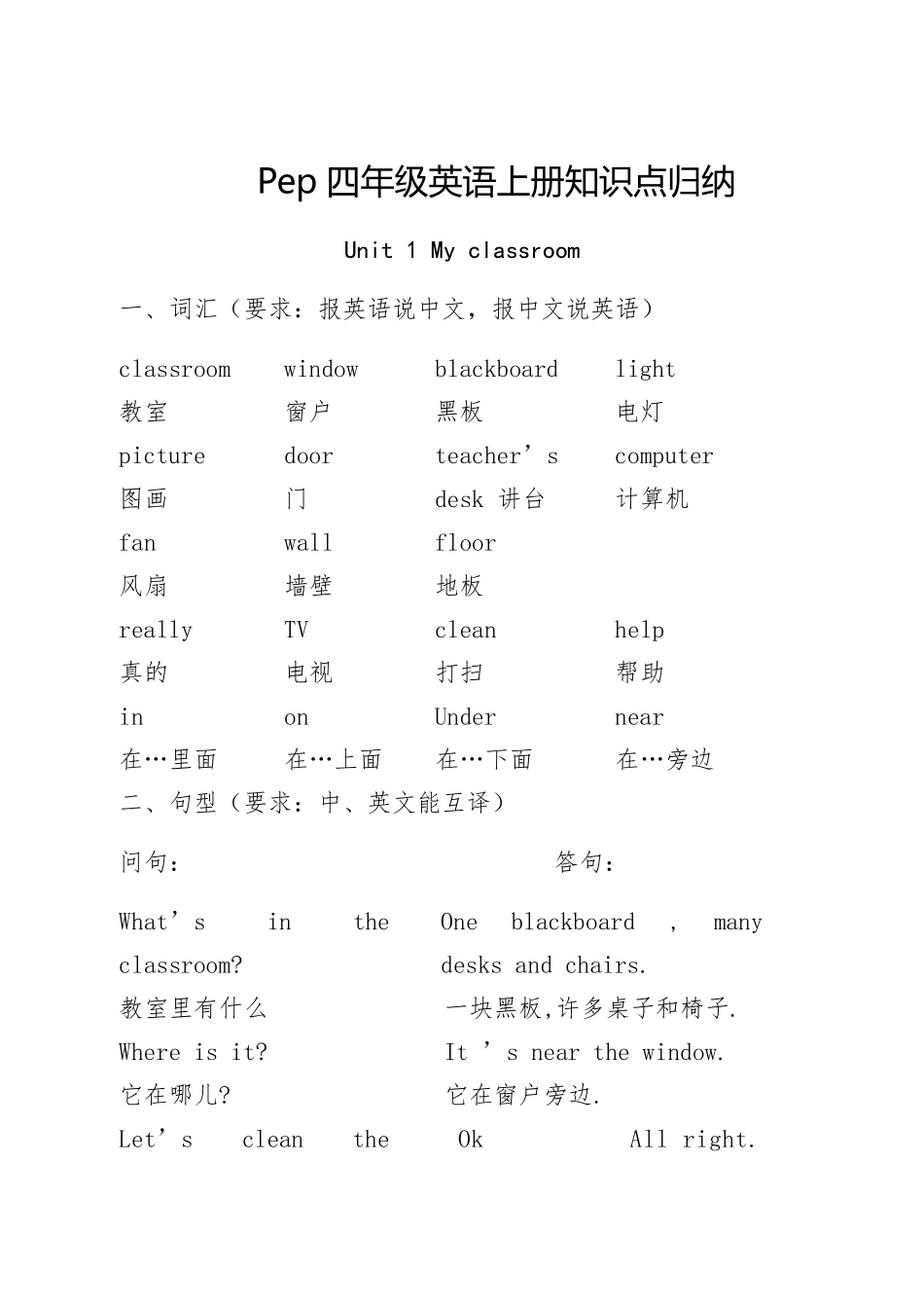 Pep四年级英语上册知识点归纳_第1页