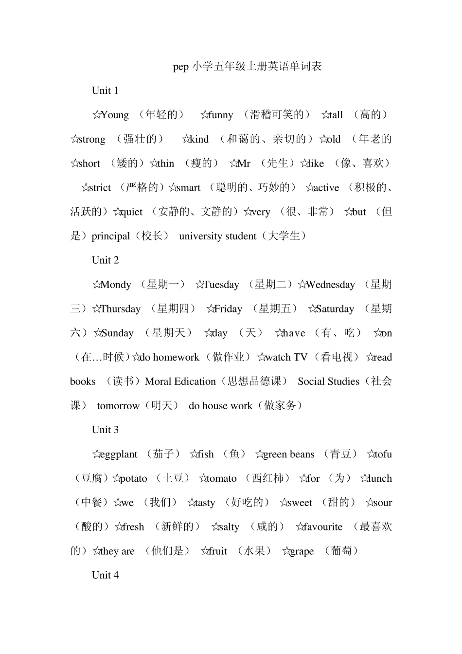 pep小学五年级上册英语单词表_第1页