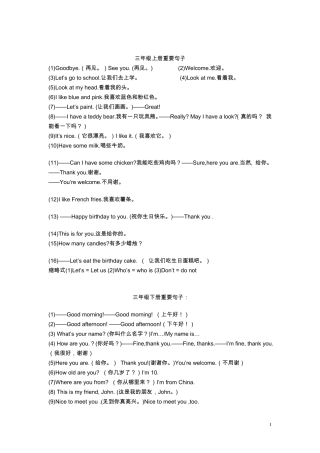 PEP小学英语三年级到六年级重点句子