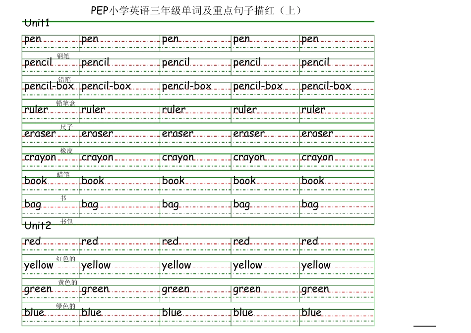 PEP小学英语三年级单词及重点句子描红(上)_第1页
