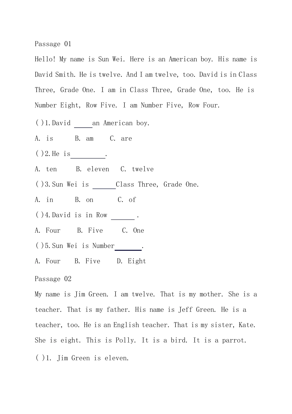 PEP小学英语五年级上册阅读理解练习_第1页