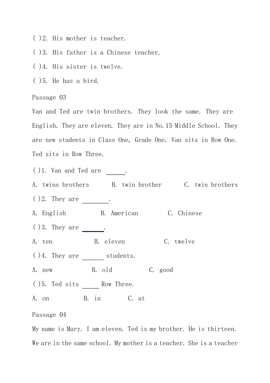 PEP小学英语五年级上册阅读理解练习_第2页