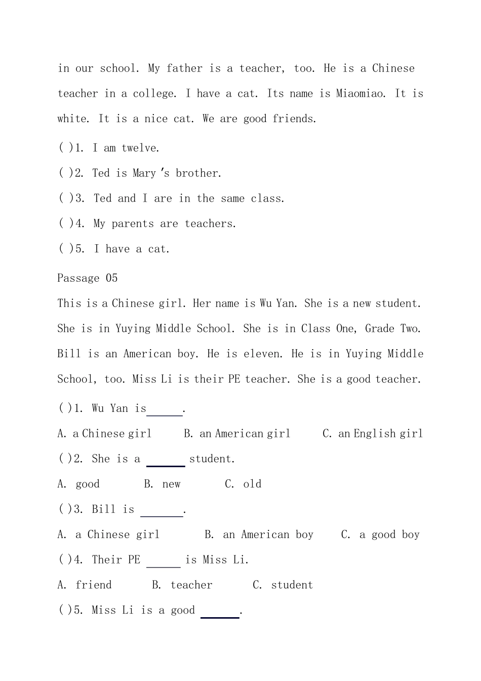PEP小学英语五年级上册阅读理解练习_第3页
