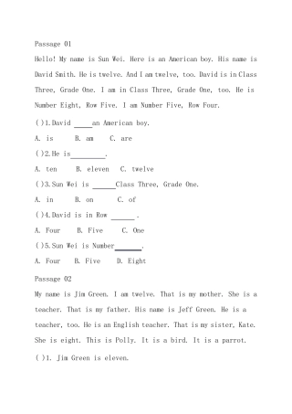 PEP小学英语五年级上册阅读理解练习
