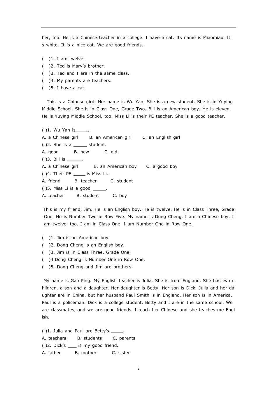 PEP小学英语五年级上学期阅读理解题专项训练_第2页
