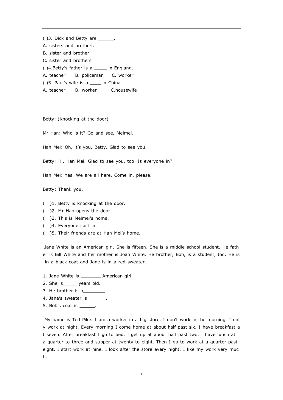 PEP小学英语五年级上学期阅读理解题专项训练_第3页