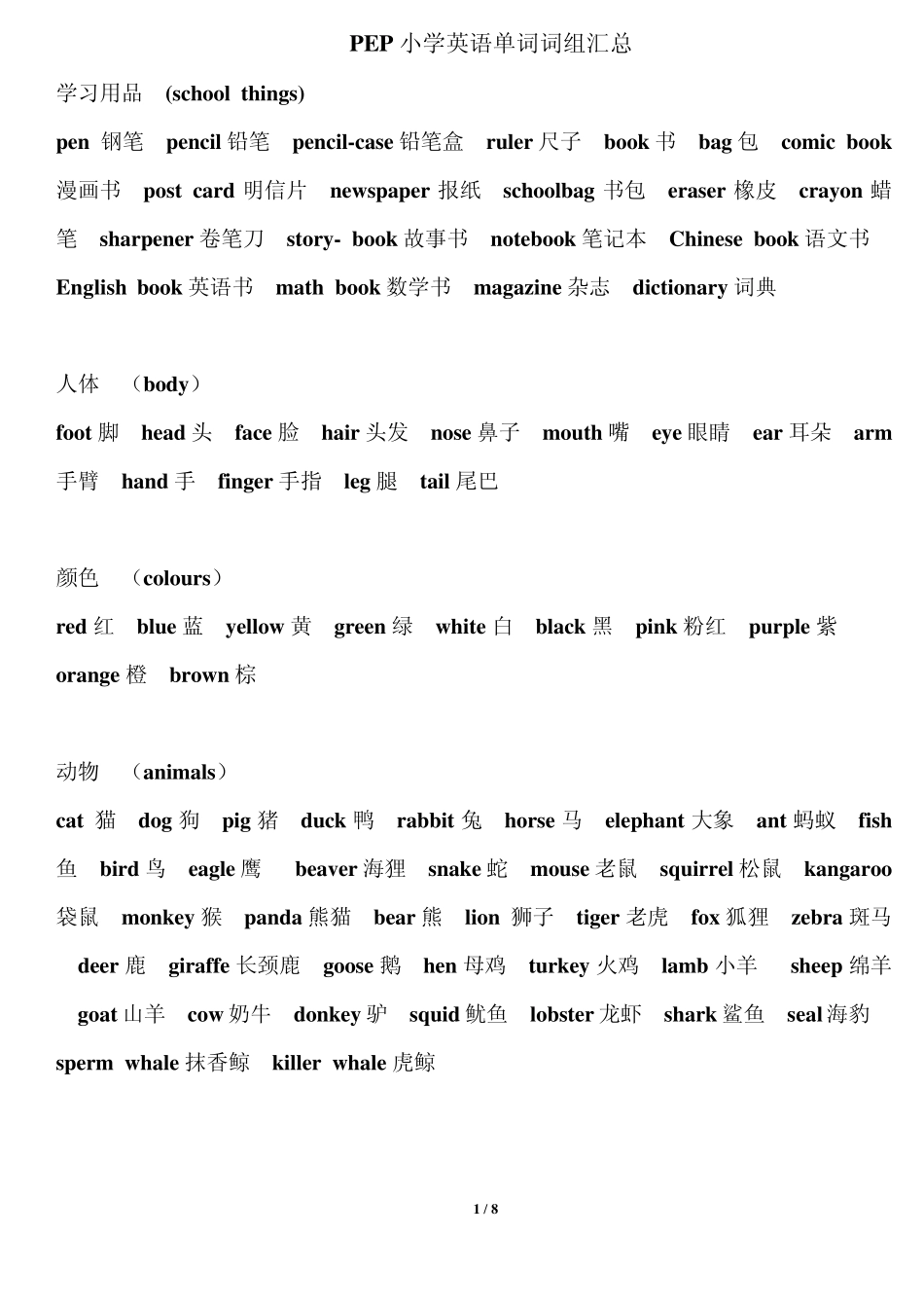 PEP小学英语单词词组总汇、学会生存教育世界的今天和明天英文版_第1页