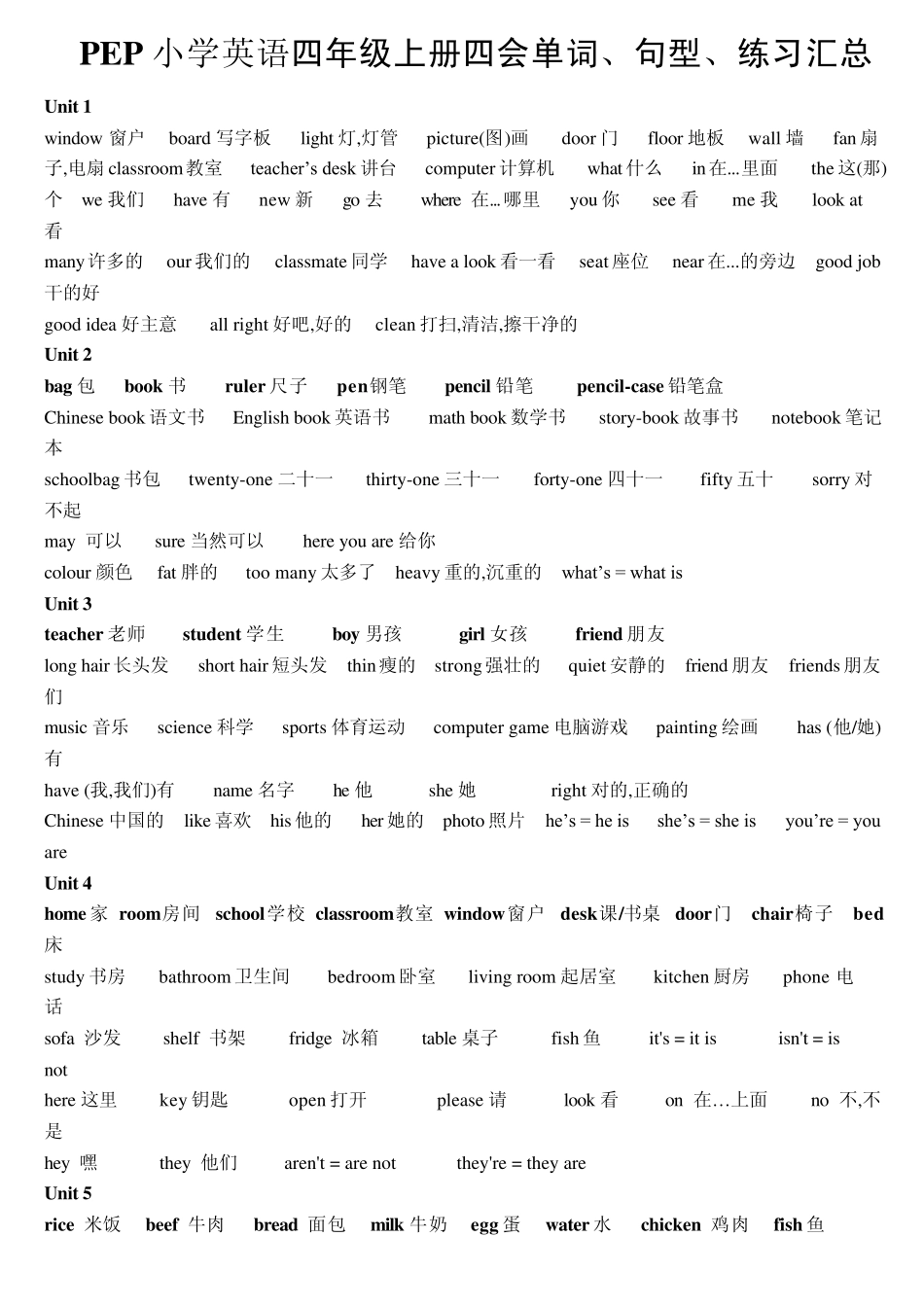 PEP小学英语四年级上册四会单词、句型、练习汇总_第1页