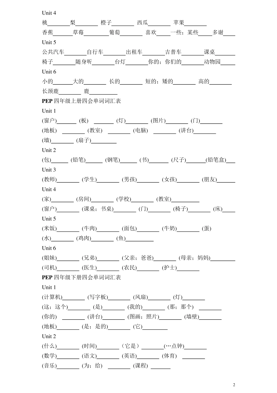 PEP小学英语毕业必备单词表汇总(按年级分)(学生默写版)_第2页