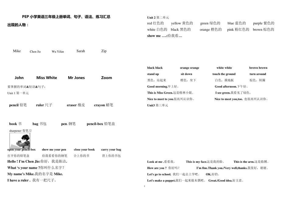 PEP新版英语三年级上册单词、句子、语法、练习_第1页